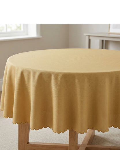 Vlyox Basket Weave Round Tablecloth 200 cm Muted Gold Scalloped Edge - Lifestyle view